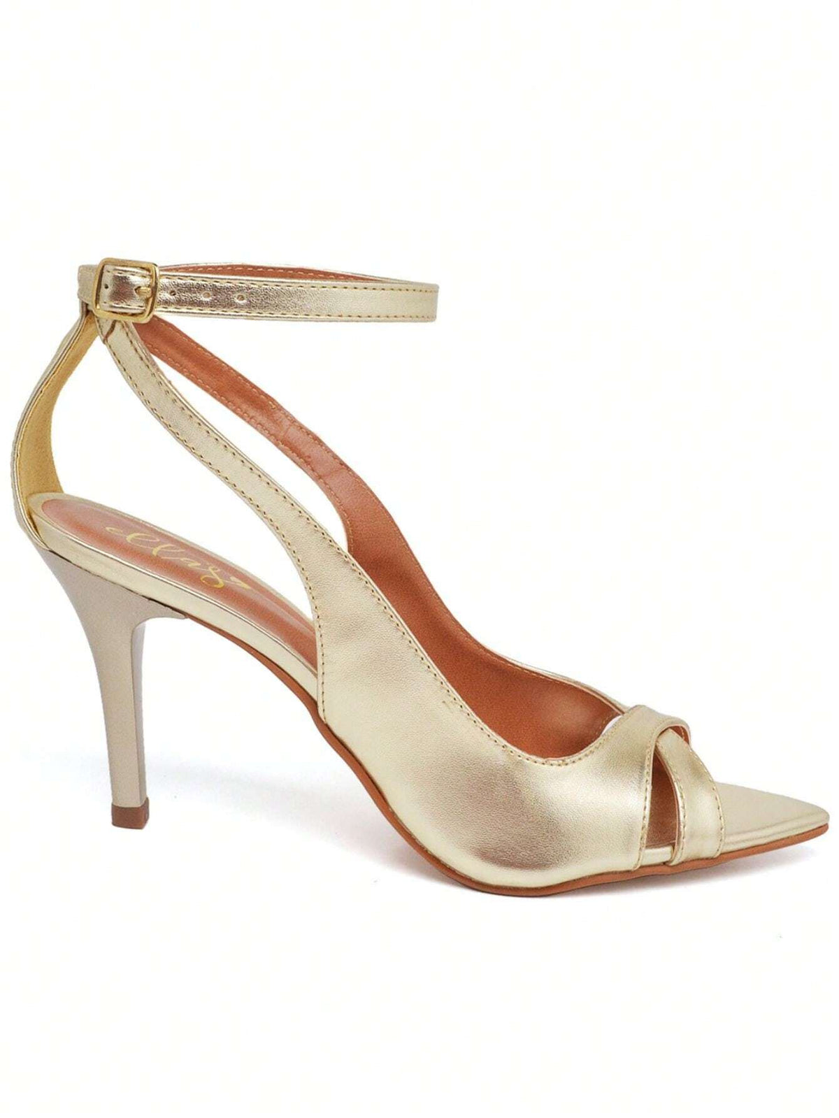 Sandália Feminina Ellas Online Salto Médio Bico Folha Metalizado