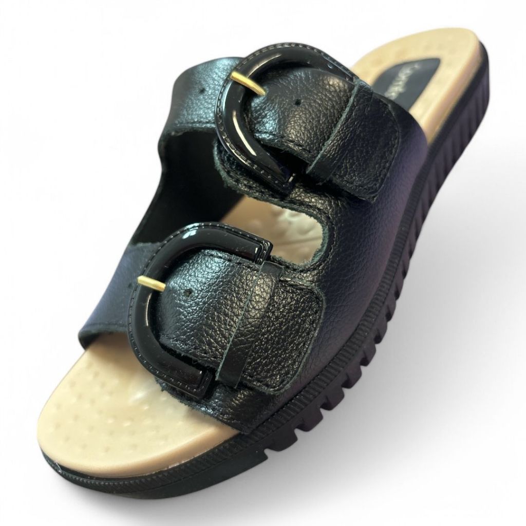 Sandália Flat Feminina Couro Preta Comfortflex
