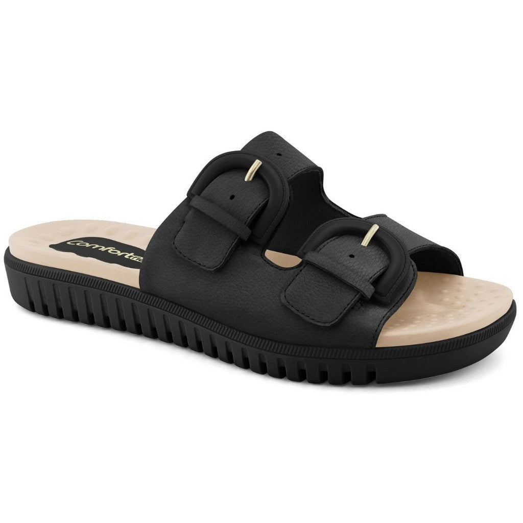 Sandália Flat Feminina Couro Preta Comfortflex