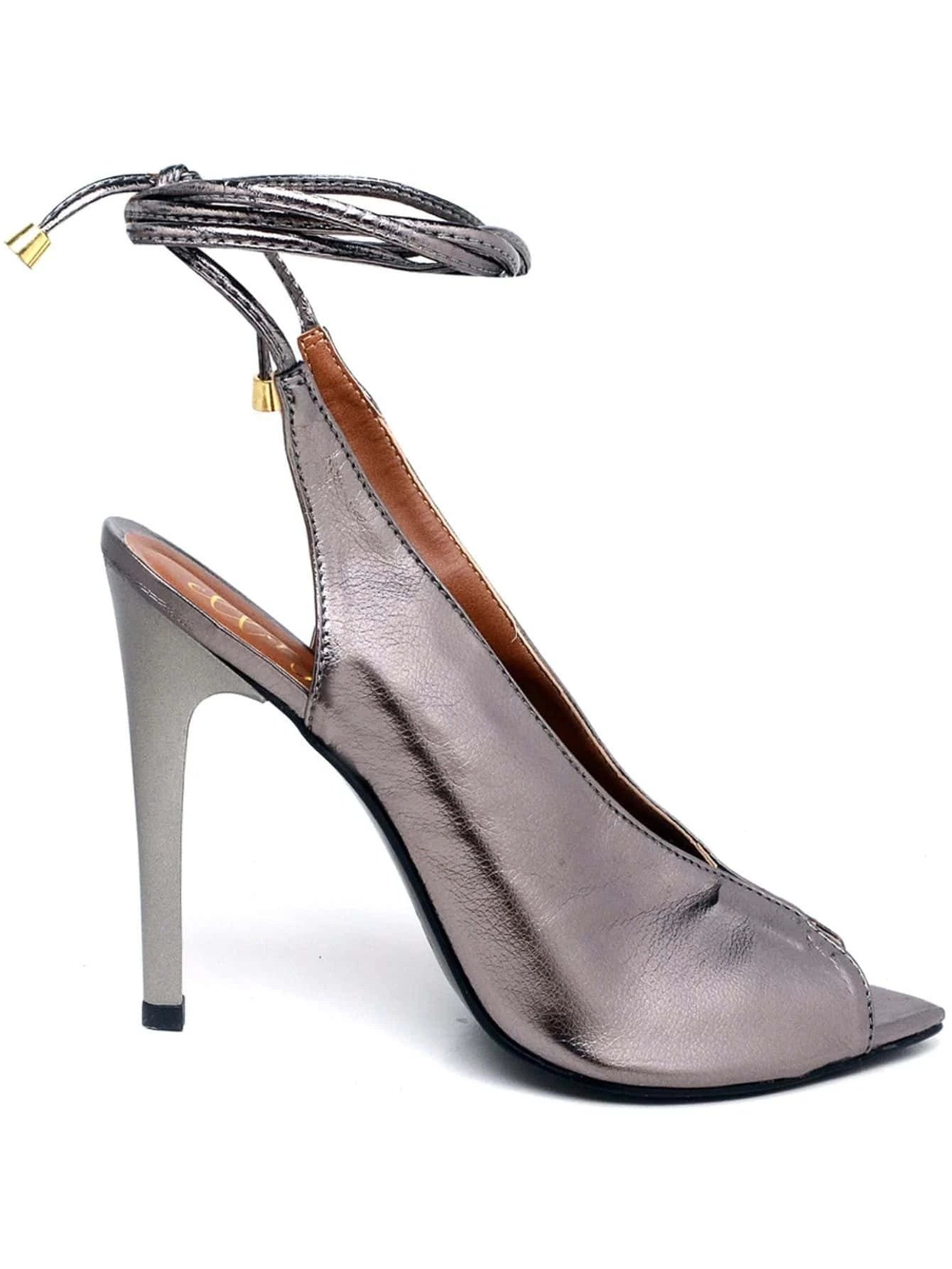 Sandália Feminina Ellas Online Salto Alto Bico Folha Metalizado