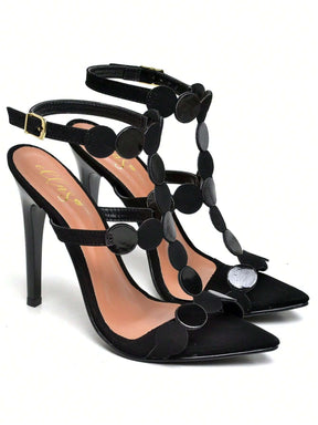 Sandália Feminina Festa Ellas Online Salto Alto Bico Folha