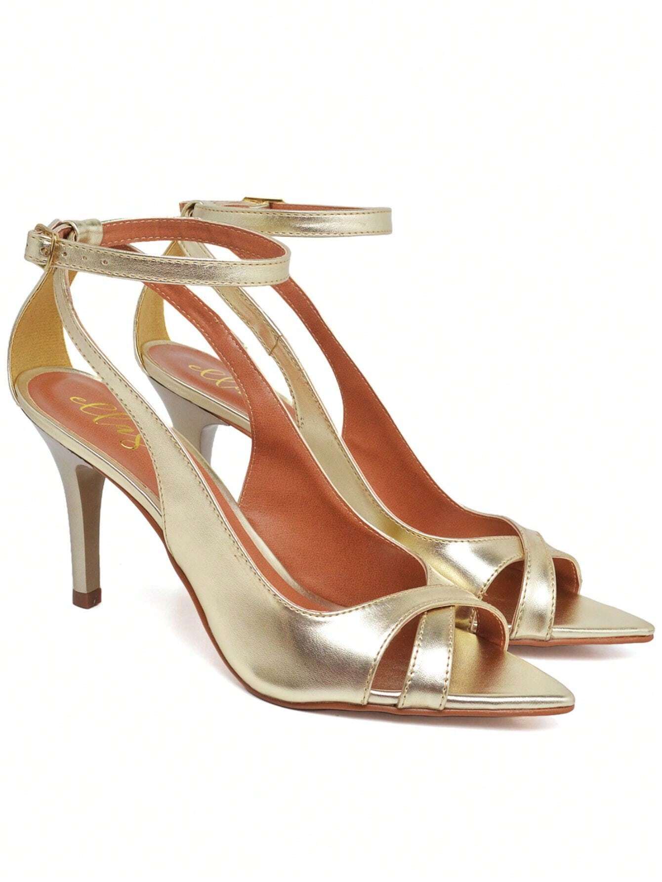 Sandália Feminina Ellas Online Salto Médio Bico Folha Metalizado