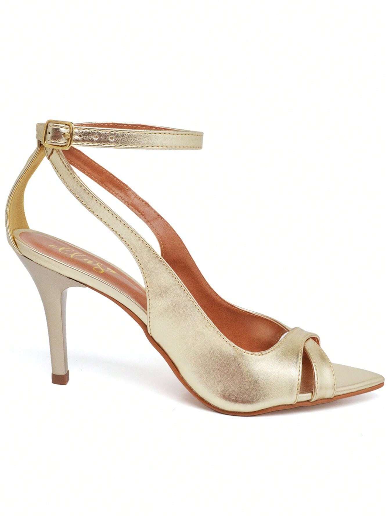 Sandália Feminina Ellas Online Salto Médio Bico Folha Metalizado