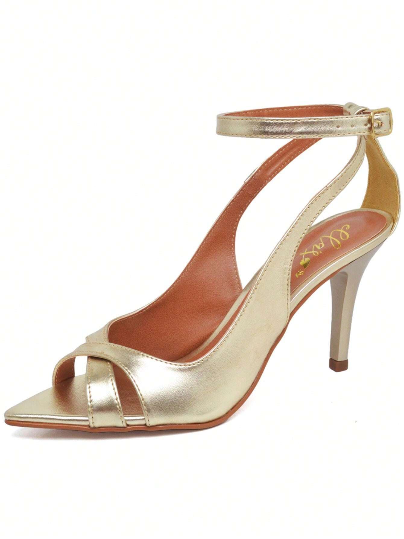 Sandália Feminina Ellas Online Salto Médio Bico Folha Metalizado