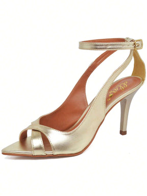 Sandália Feminina Ellas Online Salto Médio Bico Folha Metalizado