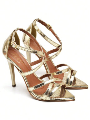 Sandália Feminina Ellas Online Salto Alto Bico Folha Tiras