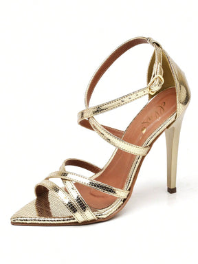 Sandália Feminina Ellas Online Salto Alto Bico Folha Tiras