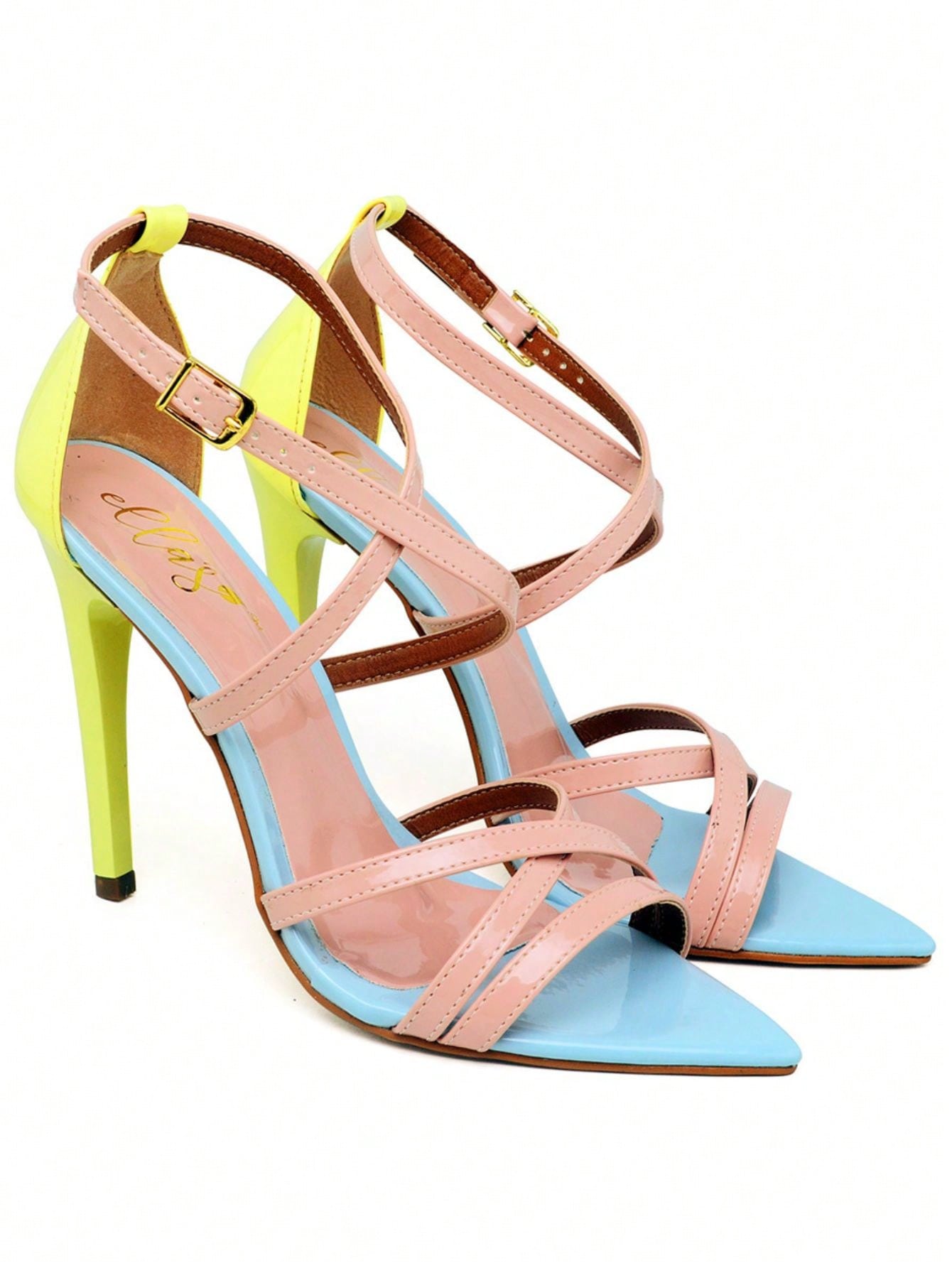 Sandália Feminina Ellas Online Salto Alto Bico Folha Tiras