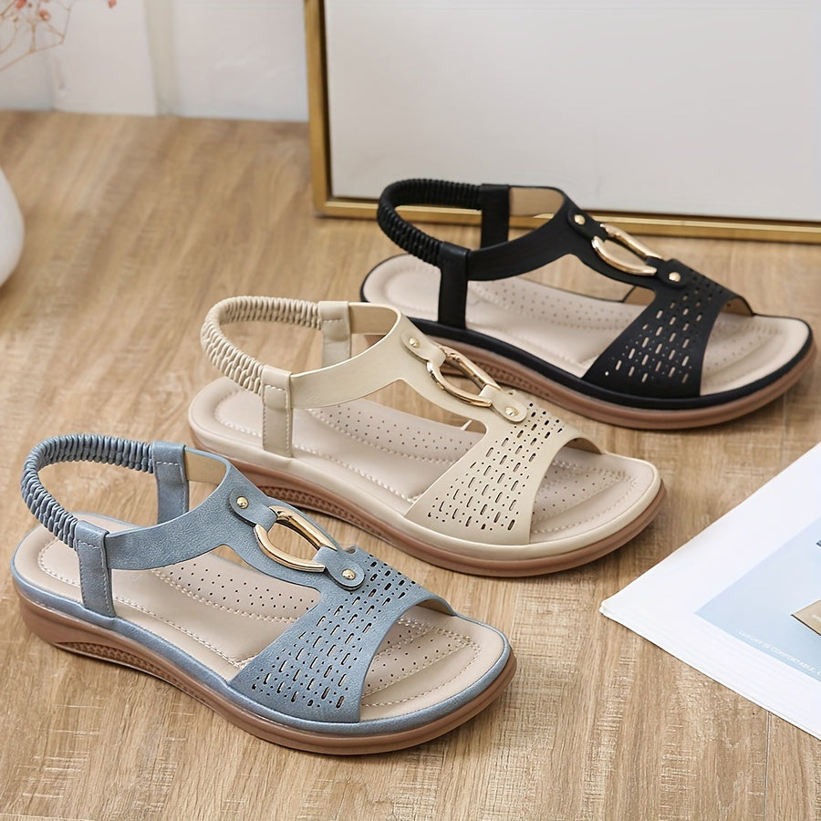 Sandálias Femininas Com Design Vazado, Sapatos De Verão Casuais De Dedo Aberto, Sandálias Confortáveis Com Elástico